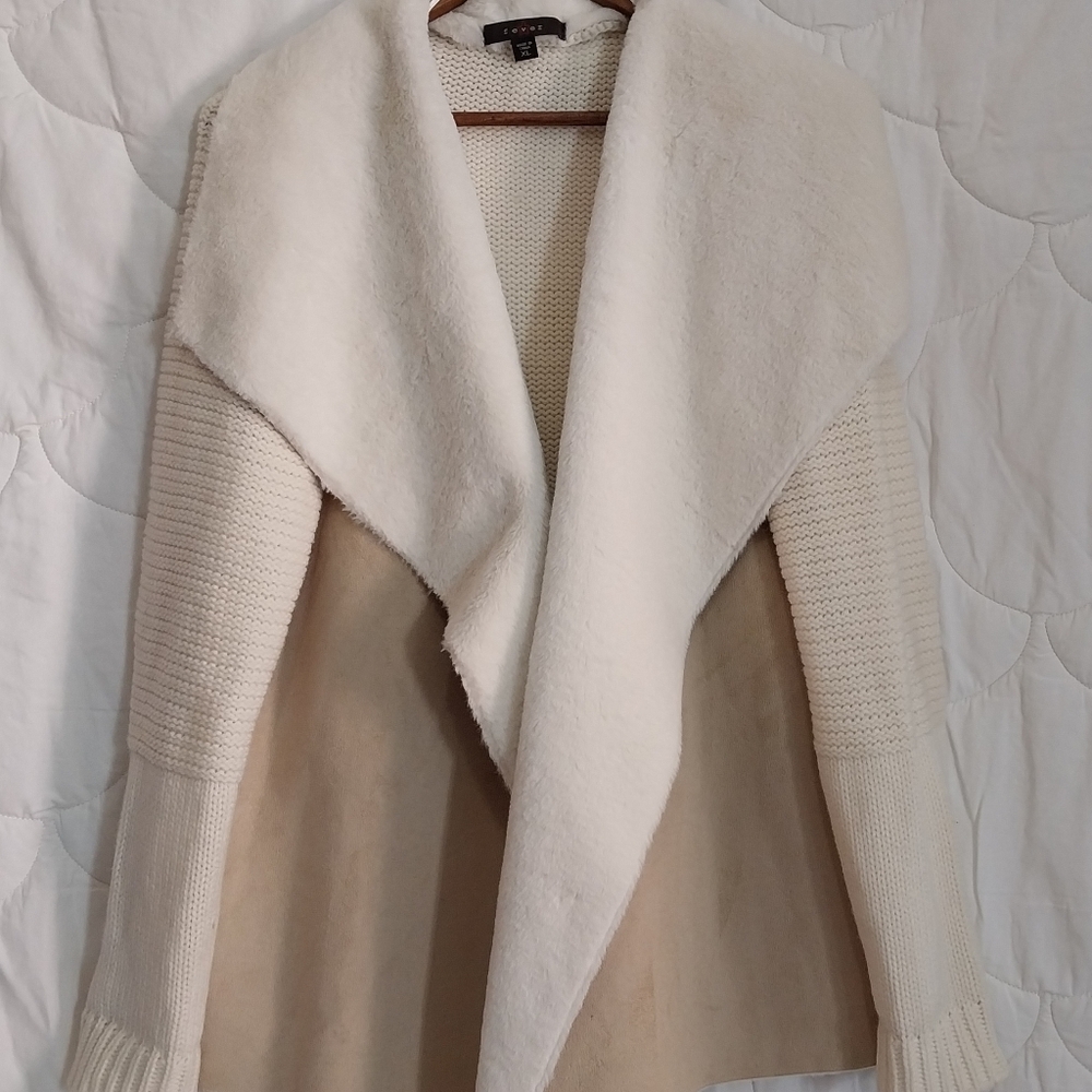 Fever Women's XL Cascade Collar Beige/Tan Knit Faux Suede & Sherpa Knit Jacket - Picture 12 of 13